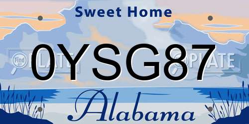 0YSG87 Alabama License Plate
