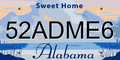 52ADME6 Alabama License Plate