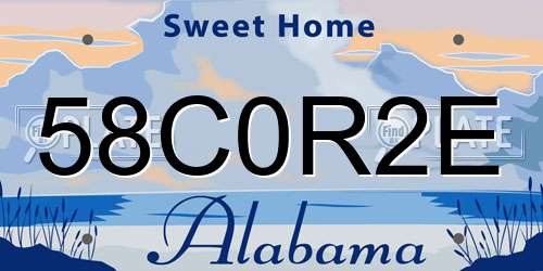 58C0R2E Alabama License Plate