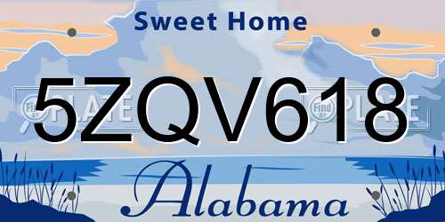 5ZQV618 Alabama License Plate