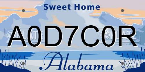 A0D7C0R Alabama License Plate