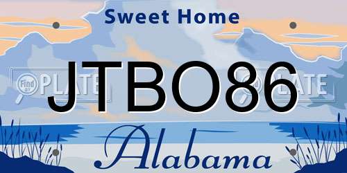 JTBO86 Alabama License Plate