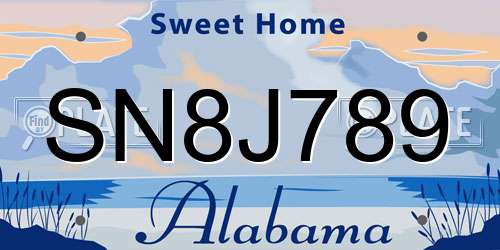 SN8J789 Alabama License Plate