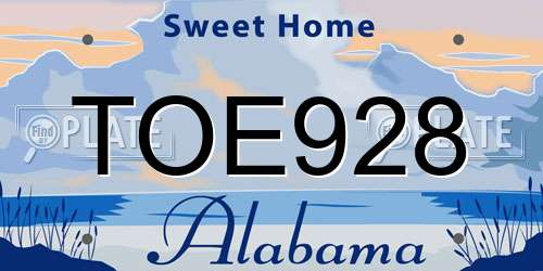 TOE928 Alabama License Plate