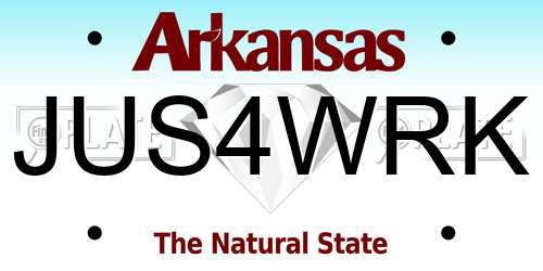 JUS4WRK Arkansas License Plate