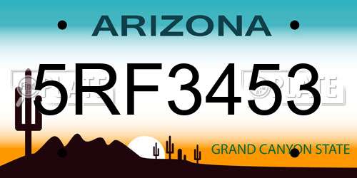 5RF3453 Arizona License Plate