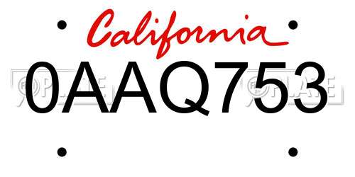 0AAQ753 California License Plate