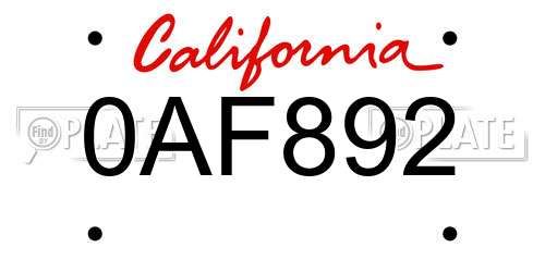 0AF892 California License Plate