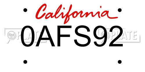 0AFS92 California License Plate
