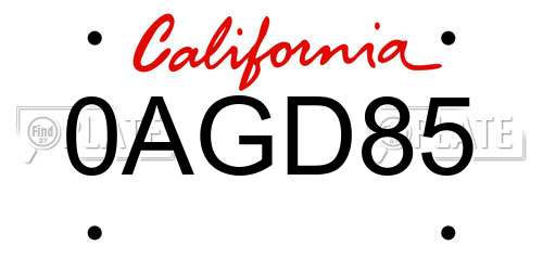 0AGD85 California License Plate