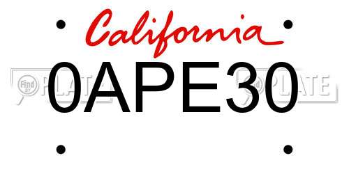 0APE30 California License Plate