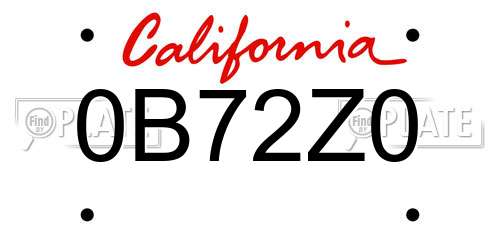 0B72Z0 California License Plate
