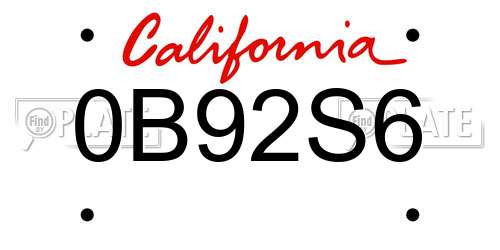 0B92S6 California License Plate