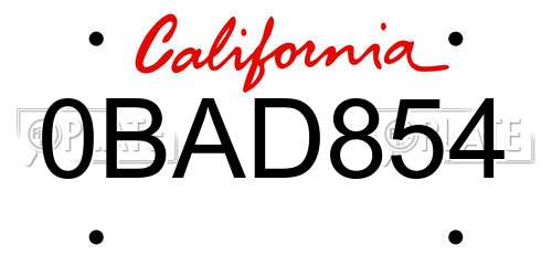 0BAD854 California License Plate