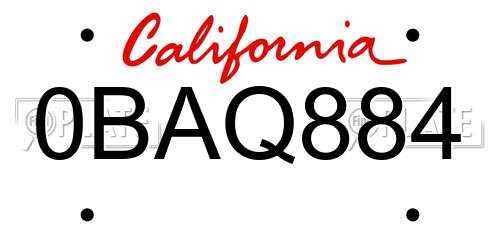 0BAQ884 California License Plate
