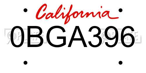 0BGA396 California License Plate