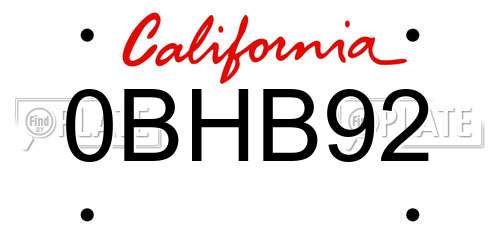 0BHB92 California License Plate