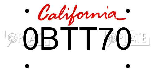 0BTT70 California License Plate