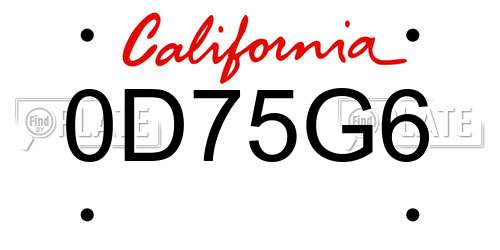 0D75G6 California License Plate