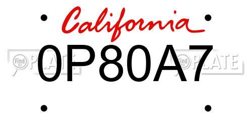 0P80A7 California License Plate