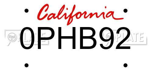 0PHB92 California License Plate