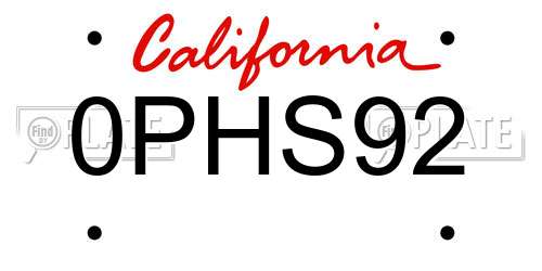 0PHS92 California License Plate