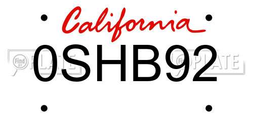 0SHB92 California License Plate