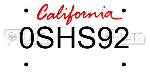 0SHS92 California License Plate