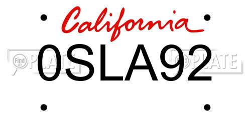 0SLA92 California License Plate