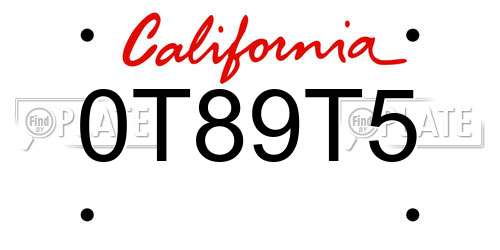 0T89T5 California License Plate
