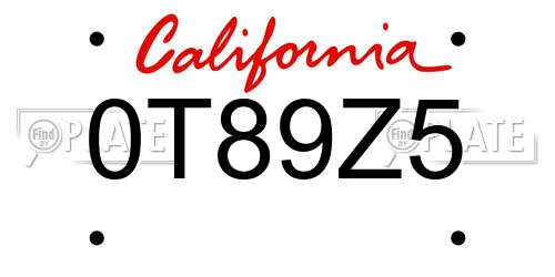0T89Z5 California License Plate