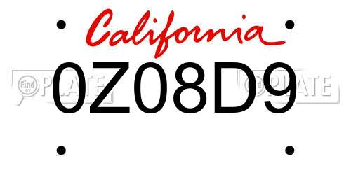 0Z08D9 California License Plate