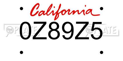 0Z89Z5 California License Plate
