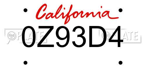 0Z93D4 California License Plate