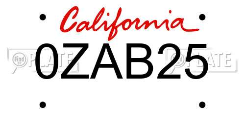 0ZAB25 California License Plate