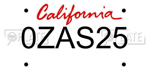 0ZAS25 California License Plate