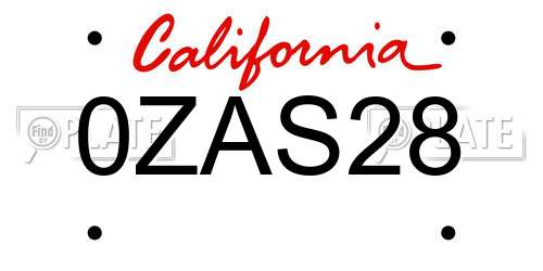 0ZAS28 California License Plate