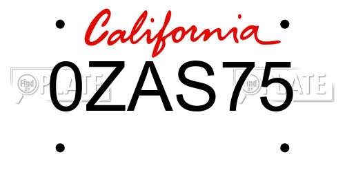 0ZAS75 California License Plate