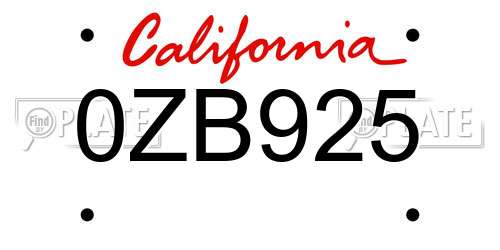 0ZB925 California License Plate