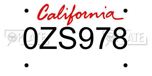 0ZS978 California License Plate
