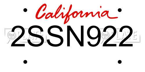 2SSN922 California License Plate