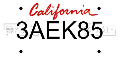 3AEK85 California License Plate