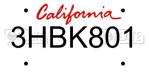 3HBK801 California License Plate