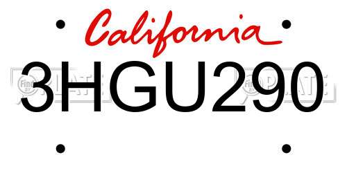 3HGU290 California License Plate