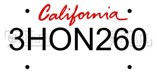 3HON260 California License Plate