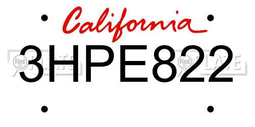 3HPE822 California License Plate
