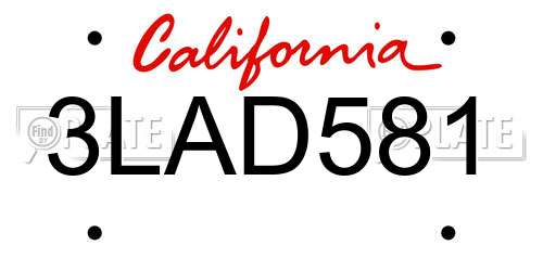 3LAD581 California License Plate