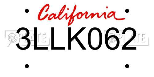3LLK062 California License Plate