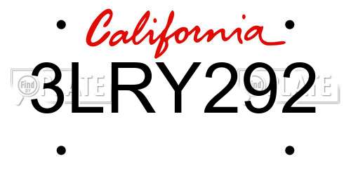 3LRY292 California License Plate