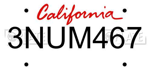 3NUM467 California License Plate